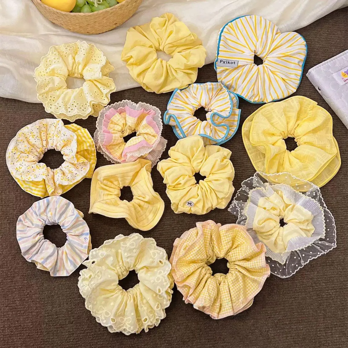 Yellow Lace Scrunchie for Women – Low Ponytail Hair Tie with High Elasticity, Durable Elastic Band, Elegant Hair Accessory for Daily Wear